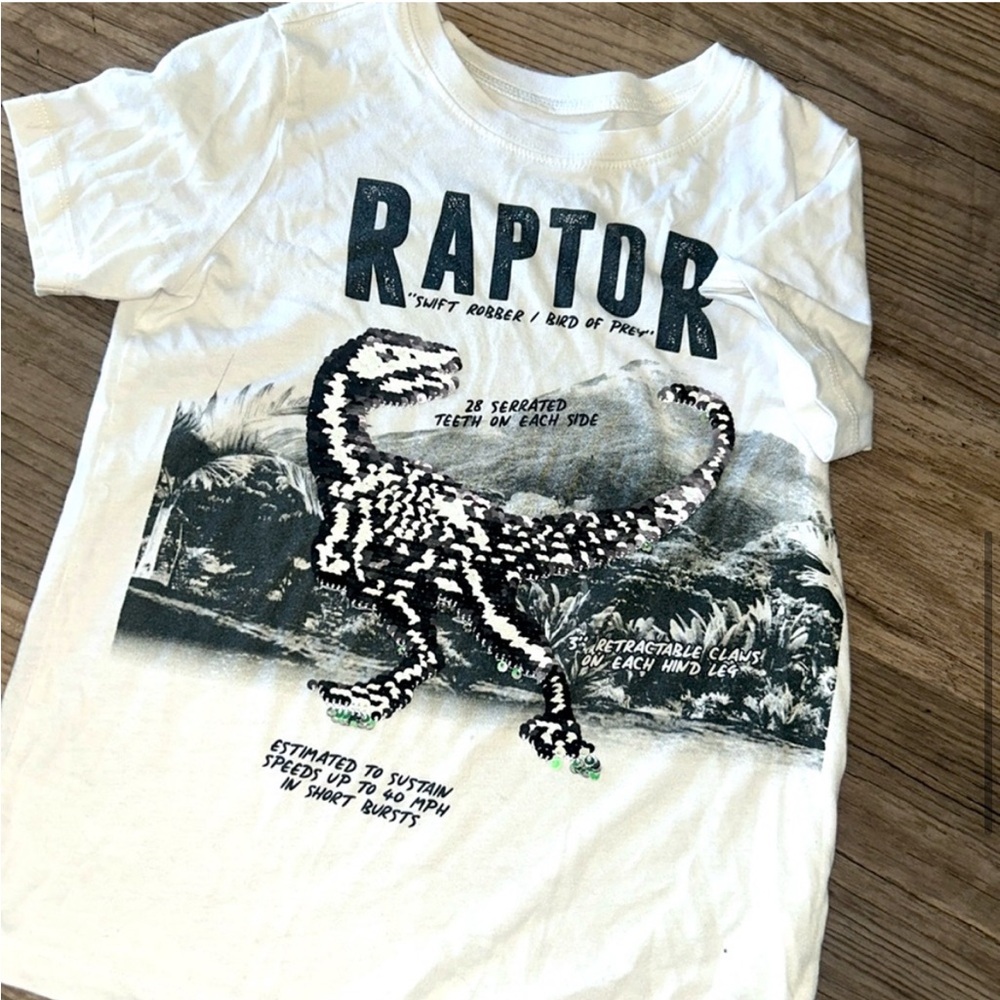 Kids White Raptor Graphic Tee with Green Sequin Dino - Picture 2 of 3